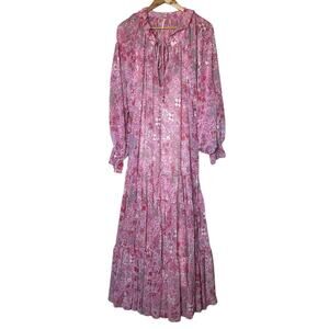 Free People Dress Maxi Feeling Groovy Pink Floral Ruffles Tiered Oversized Sz XL